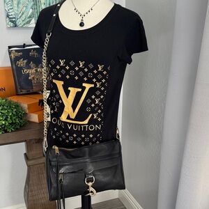 Rebecca Minkoff Black and Gold Stud Crossbody Purse Bag with Leather Accent Rare